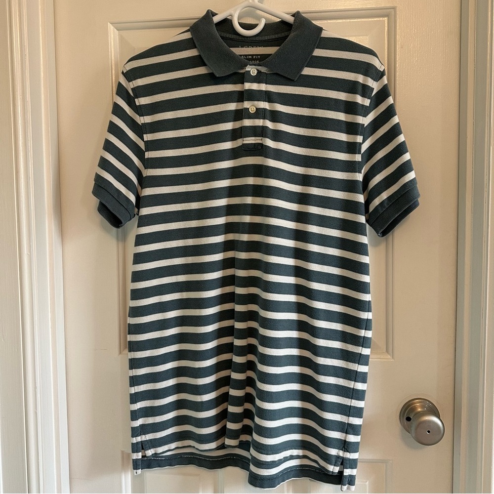 J. Crew Blue and White Slim Fit Polo, Size L